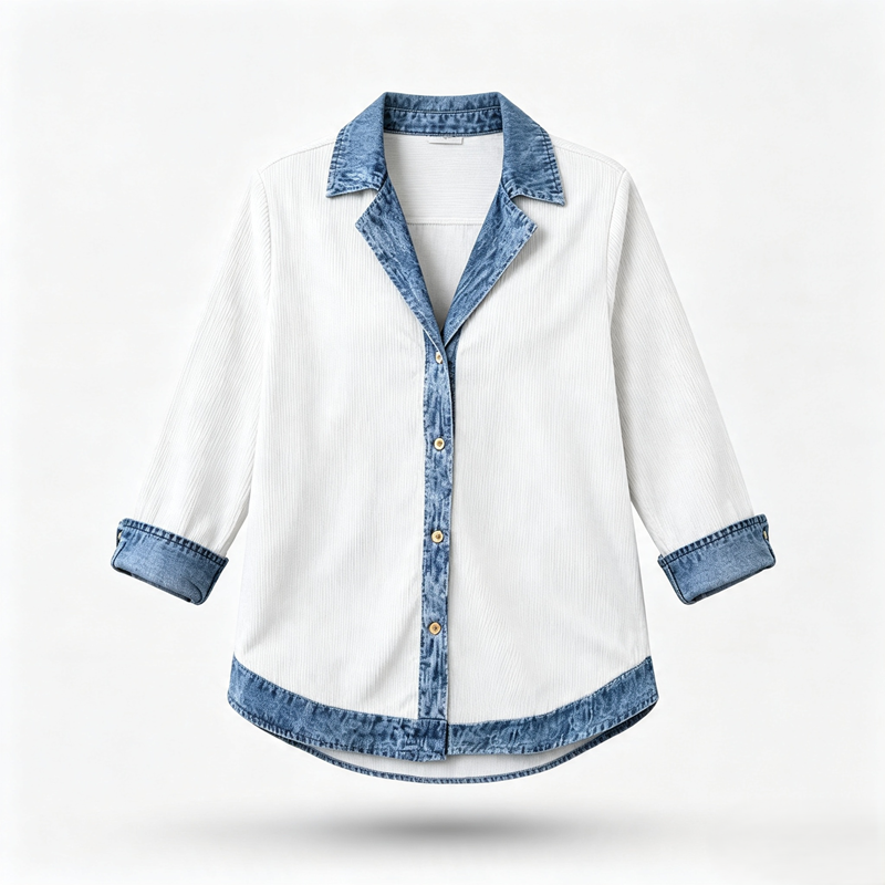 🔥Heißer Verkauf 60% Rabatt✨👚Damen Hemd mit Geripptem Strick & Denim Mix - Lässiger Chic für jeden Tag🎁