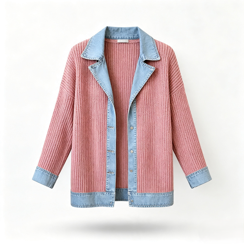 🔥Heißer Verkauf 60% Rabatt✨👚Damen Hemd mit Geripptem Strick & Denim Mix - Lässiger Chic für jeden Tag🎁