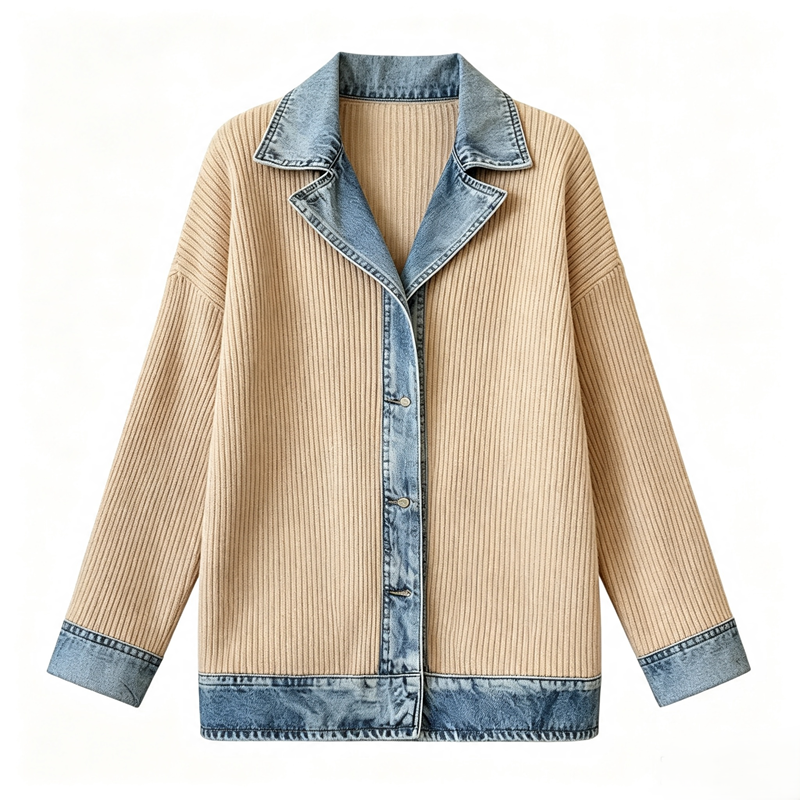 🔥Heißer Verkauf 60% Rabatt✨👚Damen Hemd mit Geripptem Strick & Denim Mix - Lässiger Chic für jeden Tag🎁